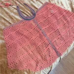 Free People Peach Pink Crochet Knit Halter Top Beach Cover Up Medium M